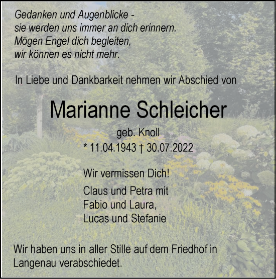 Traueranzeige von Marianne Schleicher von SÜDWEST PRESSE Ausgabe Ulm/Neu-Ulm