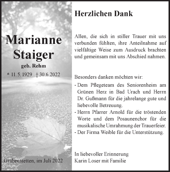 Traueranzeige von Marianne Staiger von Metzinger-Uracher Volksblatt