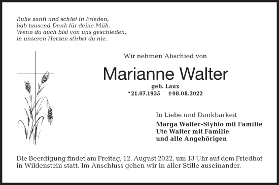 Traueranzeigen von Marianne Walter | Südwest Presse Trauer