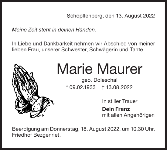 Traueranzeige von Marie Maurer von NWZ Neue Württembergische Zeitung