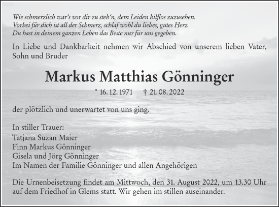 Traueranzeige von Markus Matthias Gönninger von Metzinger-Uracher Volksblatt