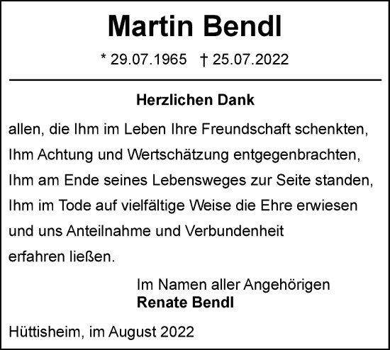 Traueranzeige von Martin Bendl von SÜDWEST PRESSE Ausgabe Ulm/Neu-Ulm