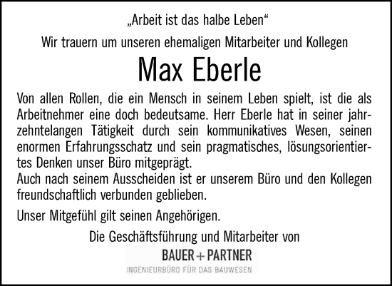 Traueranzeige von Max Eberle von SÜDWEST PRESSE Ausgabe Ulm/Neu-Ulm