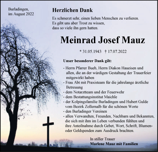 Traueranzeige von Meinrad Josef Mauz von Metzinger-Uracher Volksblatt