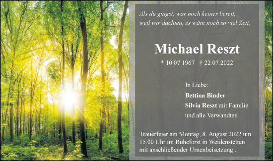 Traueranzeige von Michael Reszt von SÜDWEST PRESSE Ausgabe Ulm/Neu-Ulm