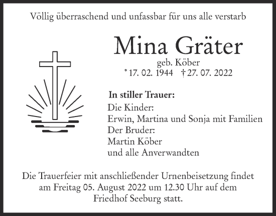 Traueranzeige von Mina Gräter von Metzinger-Uracher Volksblatt