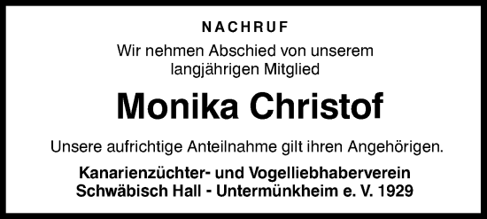 Traueranzeige von Monika Christof von Haller Tagblatt