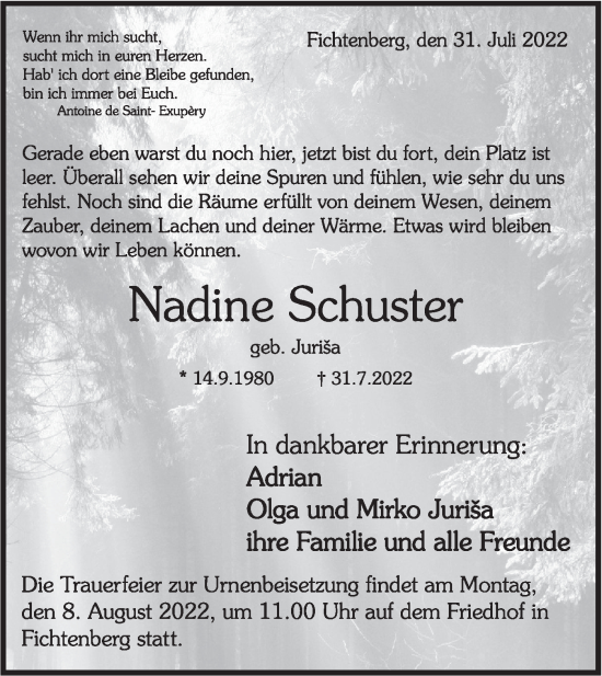 Traueranzeige von Nadine Schuster von Haller Tagblatt