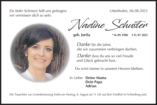 Traueranzeige von Nadine Schuster von Haller Tagblatt