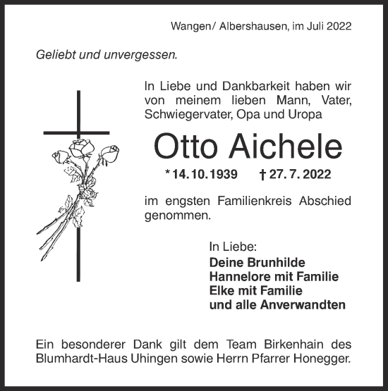 Traueranzeige von Otto Aichele von NWZ Neue Württembergische Zeitung