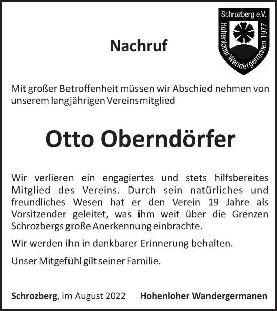 Traueranzeige von Otto Oberndörfer von Hohenloher Tagblatt