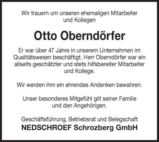 Traueranzeige von Otto Oberndörfer von Hohenloher Tagblatt