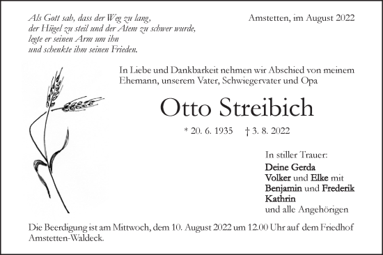 Traueranzeige von Otto Streibich von Geislinger Zeitung