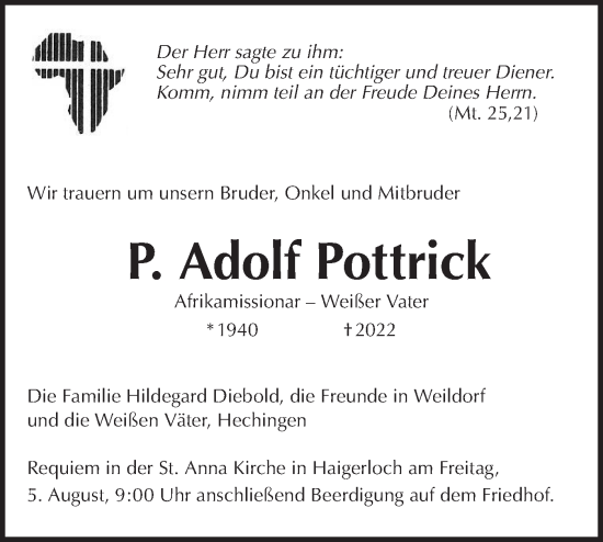 Traueranzeige von P. Adolf Pottrick von Metzinger-Uracher Volksblatt