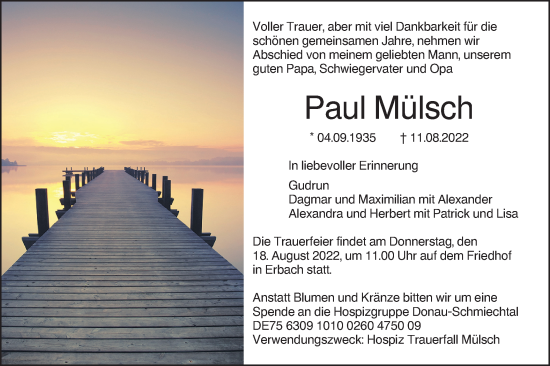 Traueranzeige von Paul Mülsch von SÜDWEST PRESSE Ausgabe Ulm/Neu-Ulm