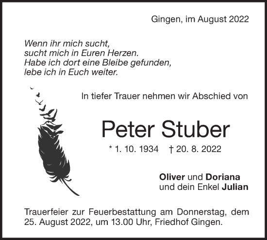 Traueranzeige von Peter Stuber von NWZ Neue Württembergische Zeitung/Geislinger Zeitung