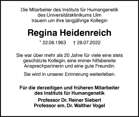 Traueranzeige von Regina Heidenreich von SÜDWEST PRESSE Ausgabe Ulm/Neu-Ulm