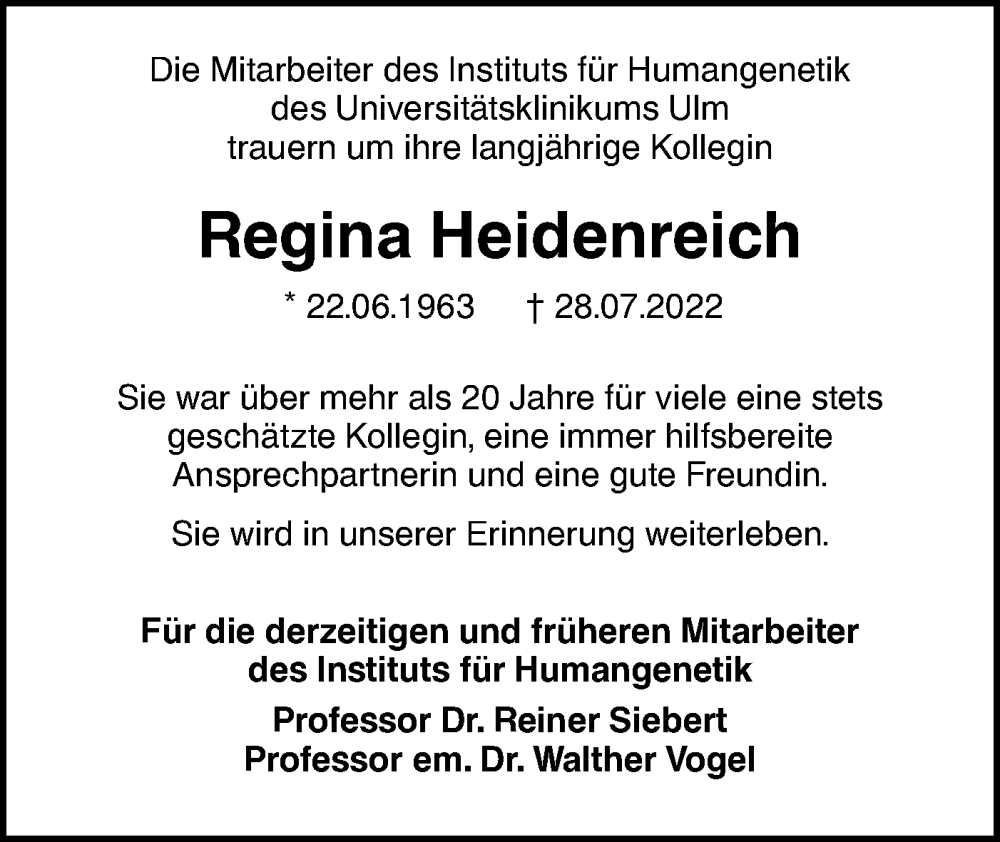  Traueranzeige für Regina Heidenreich vom 13.08.2022 aus SÜDWEST PRESSE Ausgabe Ulm/Neu-Ulm