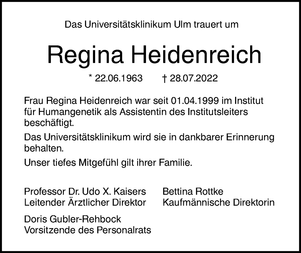  Traueranzeige für Regina Heidenreich vom 13.08.2022 aus SÜDWEST PRESSE Ausgabe Ulm/Neu-Ulm