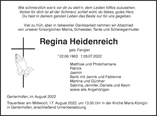 Traueranzeige von Regina Heidenreich von SÜDWEST PRESSE Ausgabe Ulm/Neu-Ulm
