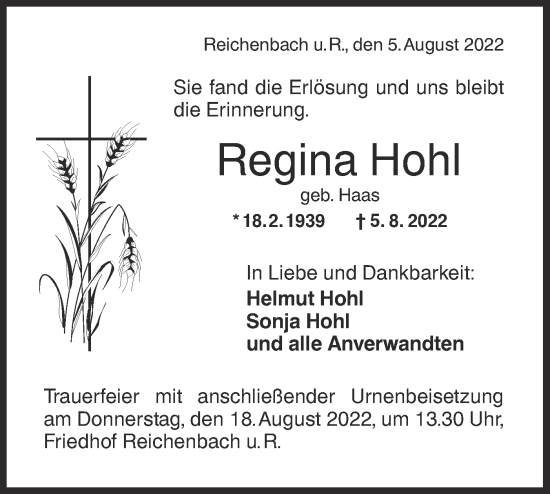 Traueranzeige von Regina Hohl von NWZ Neue Württembergische Zeitung