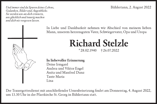 Traueranzeige von Richard Stelzle von Haller Tagblatt