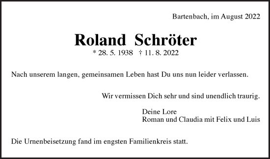 Traueranzeige von Roland Schröter von NWZ Neue Württembergische Zeitung