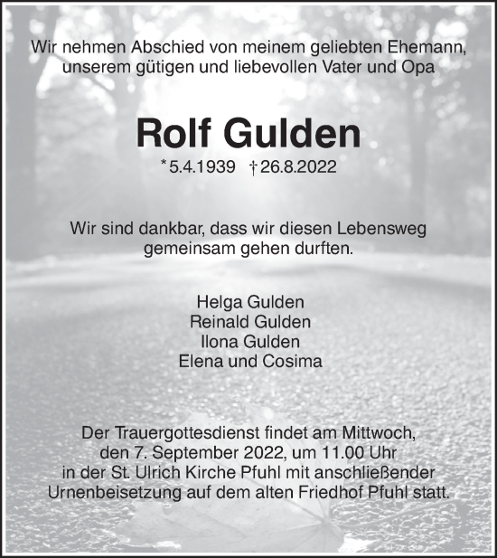 Traueranzeige von Rolf Gulden von SÜDWEST PRESSE Ausgabe Ulm/Neu-Ulm