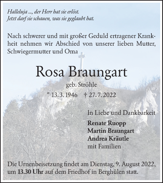 Traueranzeige von Rosa Braungart von SÜDWEST PRESSE Ausgabe Ulm/Neu-Ulm