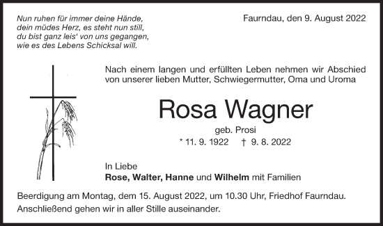 Traueranzeige von Rosa Wagner von NWZ Neue Württembergische Zeitung