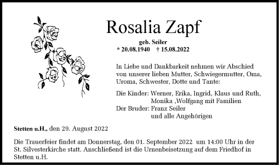 Traueranzeige von Rosalia Zapf von Metzinger-Uracher Volksblatt