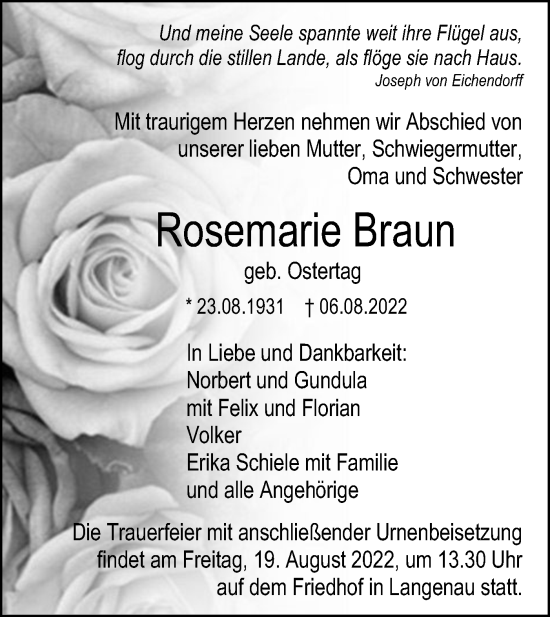 Traueranzeige von Rosemarie Braun von SÜDWEST PRESSE Ausgabe Ulm/Neu-Ulm