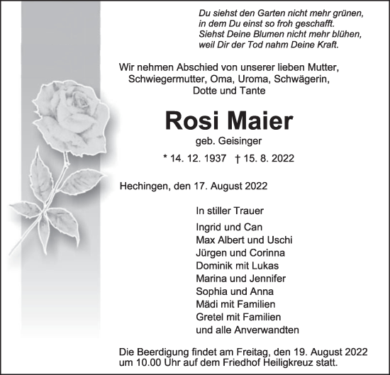 Traueranzeige von Rosi Maier von Metzinger-Uracher Volksblatt