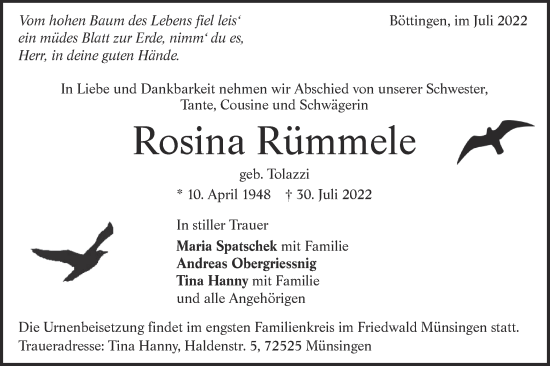 Traueranzeige von Rosina Rümmele von Alb-Bote/Metzinger-Uracher Volksblatt