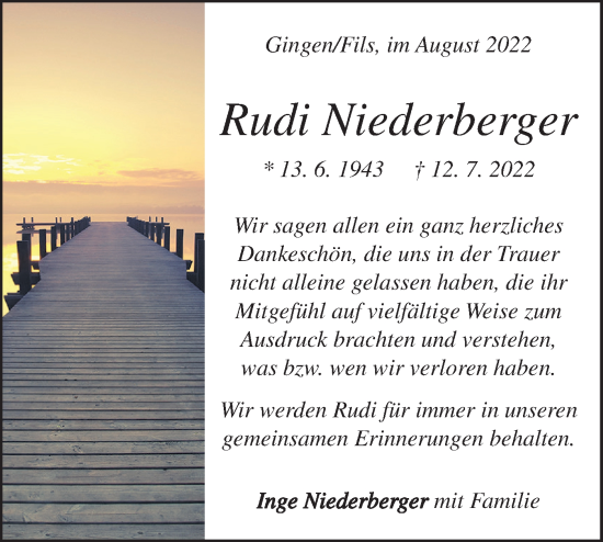 Traueranzeige von Rudi Niederberger von Geislinger Zeitung