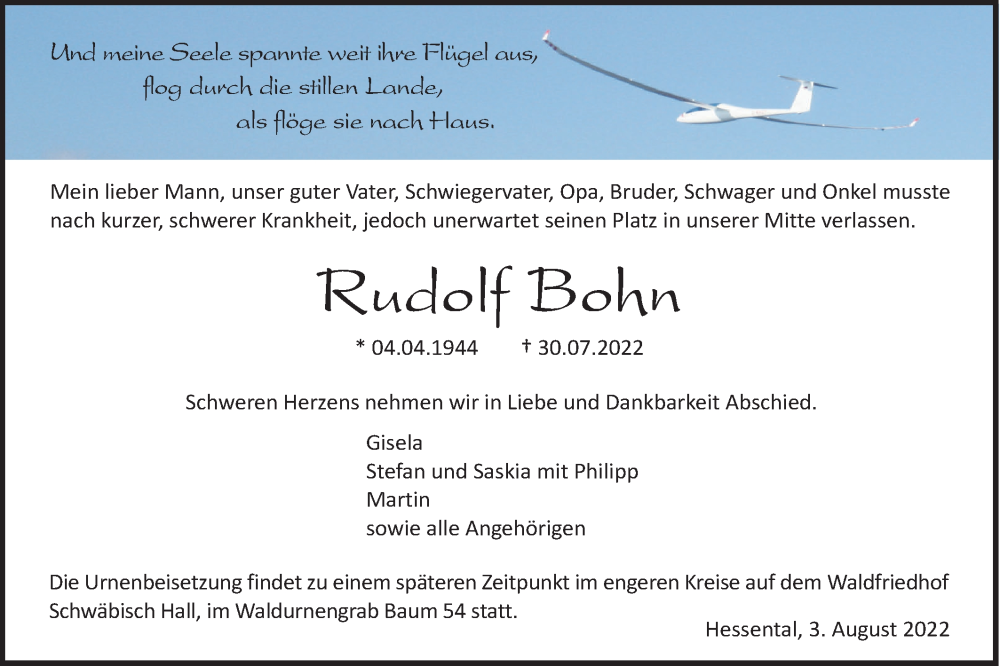  Traueranzeige für Rudolf Bohn vom 03.08.2022 aus Haller Tagblatt