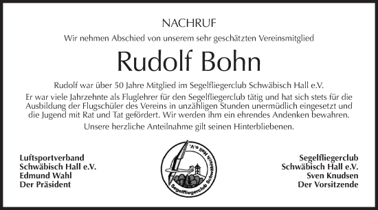 Traueranzeige von Rudolf Bohn von Haller Tagblatt