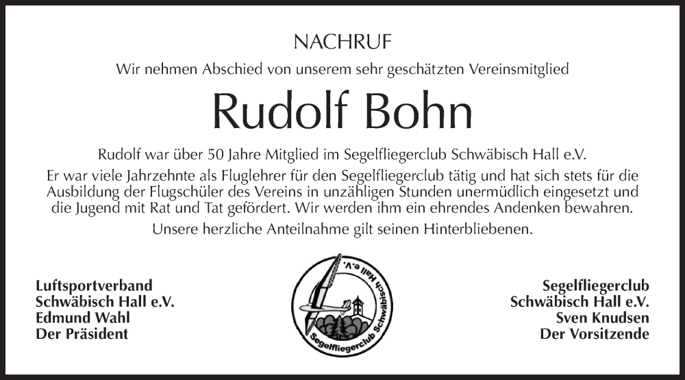  Traueranzeige für Rudolf Bohn vom 06.08.2022 aus Haller Tagblatt