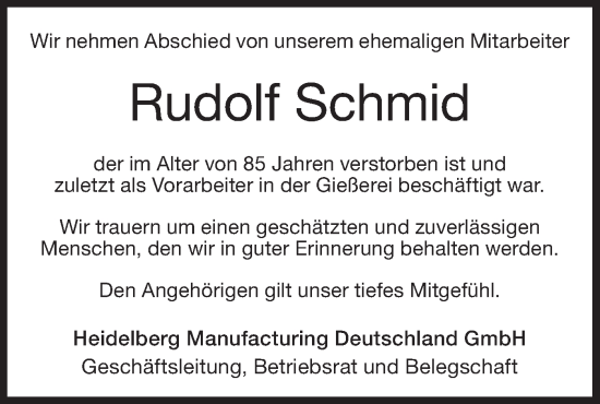 Traueranzeige von Rudolf Schmid von Geislinger Zeitung