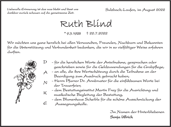 Traueranzeige von Ruth Blind von Rundschau Gaildorf