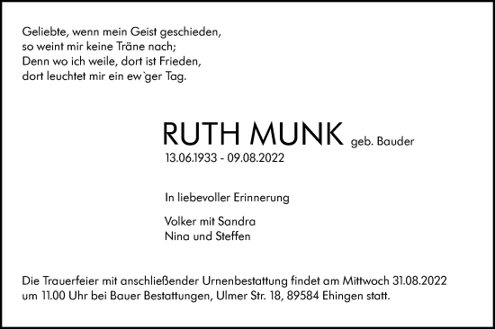 Traueranzeige von Ruth Munk von Ehinger Tagblatt