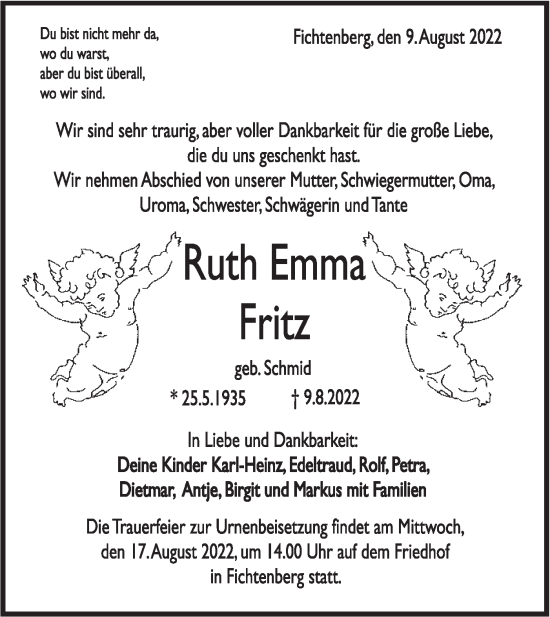 Traueranzeige von Ruth Emma Fritz von Rundschau Gaildorf