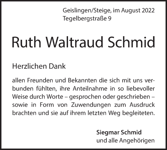 Traueranzeige von Ruth Waltraud Schmid von Geislinger Zeitung