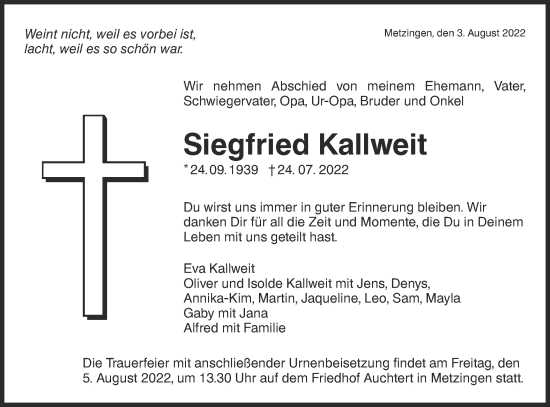 Traueranzeige von Siegfried Kallweit von Metzinger-Uracher Volksblatt