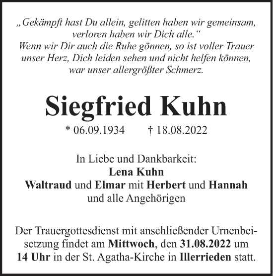 Traueranzeige von Siegfried Kuhn von SÜDWEST PRESSE Ausgabe Ulm/Neu-Ulm