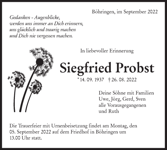 Traueranzeige von Siegfried Probst von Alb-Bote/Metzinger-Uracher Volksblatt