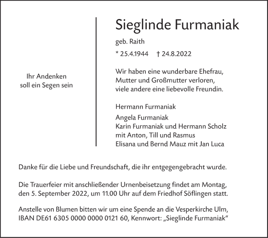 Traueranzeige von Sieglinde Furmaniak von SÜDWEST PRESSE Ausgabe Ulm/Neu-Ulm