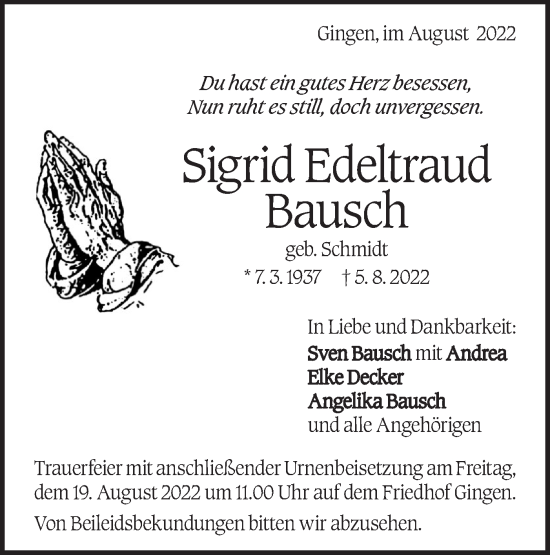 Traueranzeige von Sigrid Edeltraud Bausch von Geislinger Zeitung