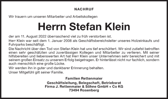 Traueranzeige von Stefan Klein von Rundschau Gaildorf