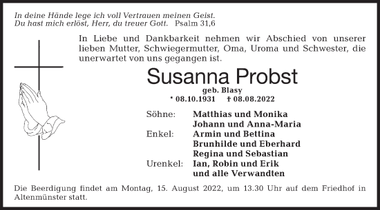 Traueranzeige von Susanna Probst von Hohenloher Tagblatt